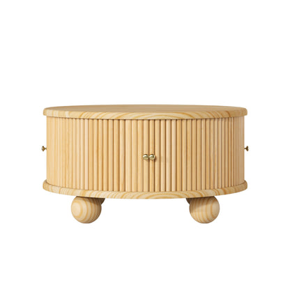 Merax Modern Round Fluted Coffee Table with Storage & Sliding Door – 31.8" Solid Pine Wood Center Table – Living Room Cocktail Table with Hidden Compartment, Natural