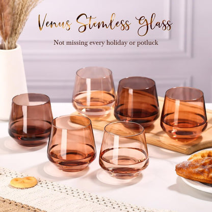 CLUSIVC Venus Stemless Wine Glass Set of 6-14oz Wine Glasses, Stemless Drinking Glasses for Wine, Cocktails & Beverages - Elegant Glassware for Home, Bar & Holiday Use