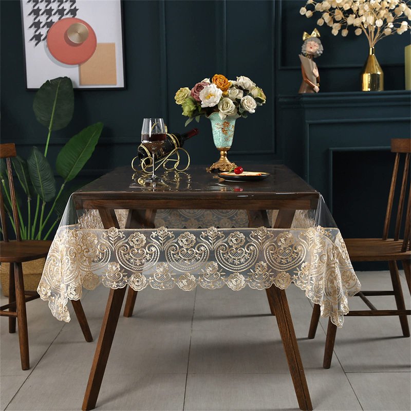 Clear Plastic Waterproof Tablecloth, Vinyl PVC Rectangle Table Cloth with Lace Macrame, Oil Spill Proof, Table Cover for Dining Tables, Parties and Holidays (Champagne, 60 x 106 Inch)