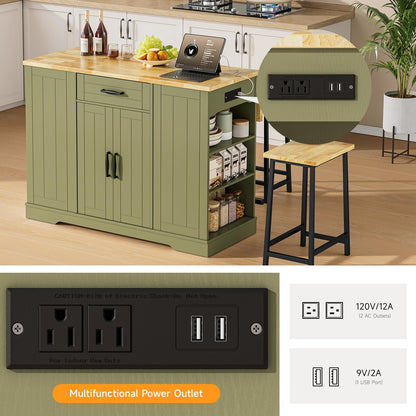 ONBRILL Stationary Kitchen Islands Include 2 Chairs, 47" Kitchen Island with Drop Leaf, Home Bar Table with Spice Rack & with Trash Cabinet, Island Table for Dining Room with Power Outlet, Green