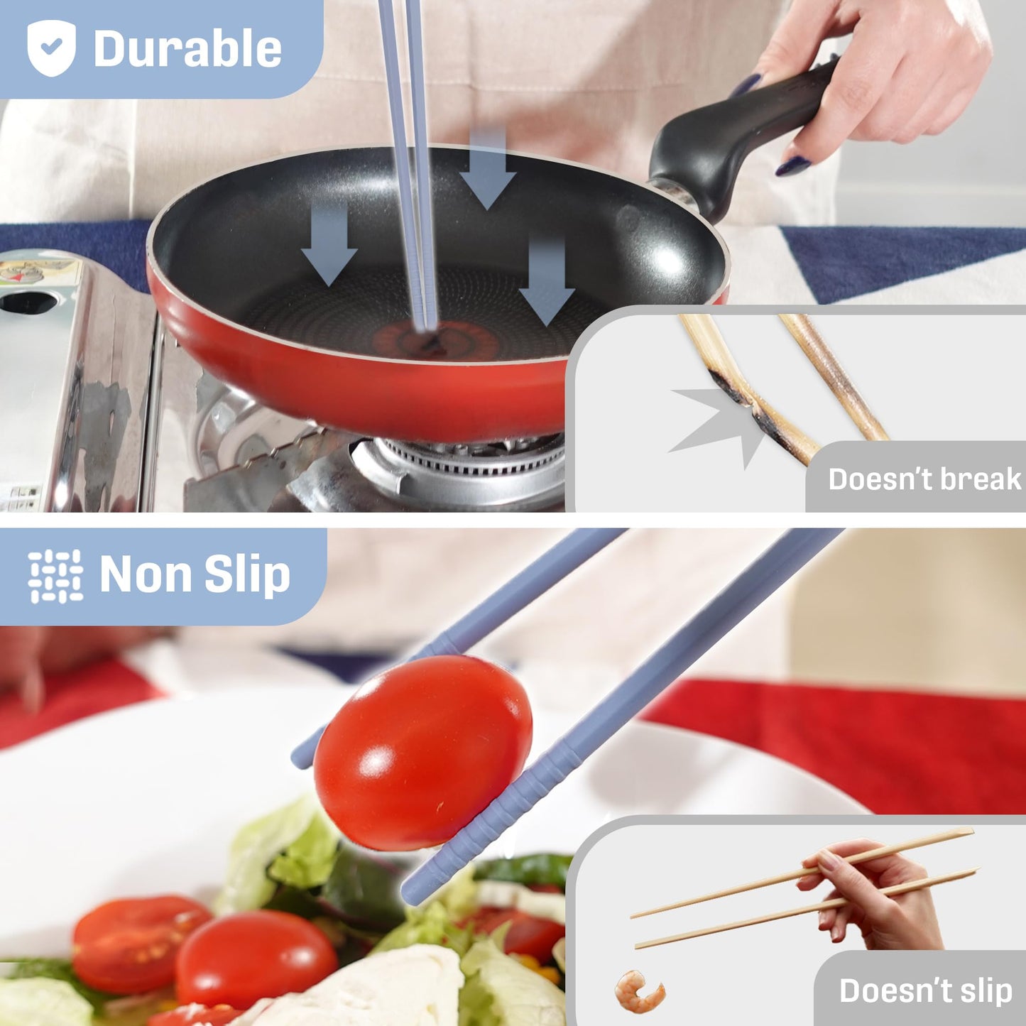 RECOHOME Reusable Long Silicone Cooking Chopsticks with Spoon - 12 Inches 3 Color Set, Eco-Friendly, Heat-Resistant, Non-Scratch, Korean, Japanese Asian Kitchen cookware. (Pink, Green, Grey, 3 Pair)
