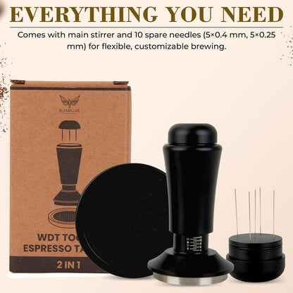 2-in-1 Espresso Tamper & WDT Stirrer Tool – 53mm Coffee Tamper with 10 Extra Needles (0.25mm & 0.4mm) – Stainless Steel Dual Sided Distributor for Even Extraction & Barista Quality Espresso (53 mm)