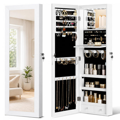 JOYUSAEN Over the Door Jewelry Organizer, Wall Mounted Jewelry Cabinet, Hanging Mirror with Storage Box, Wall/Door Mounted Full Length Mirror with LED