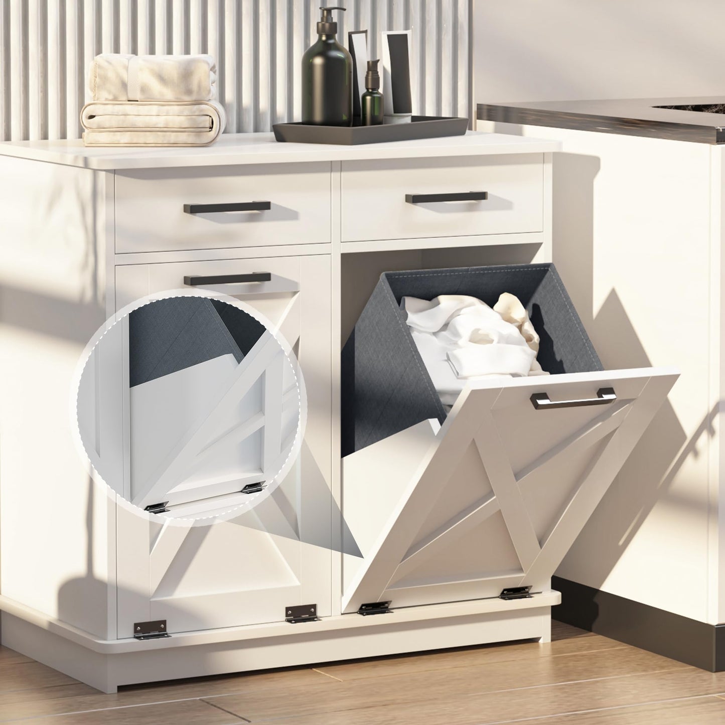 Mepplzian White Double Tilt Out Laundry Hamper Cabinet Laundry Basket Cabinet Hidden Laundry Hamper with 2 Drawers & 2 Baskets for Bathroom,30x30x16in（Barn Door Panel）