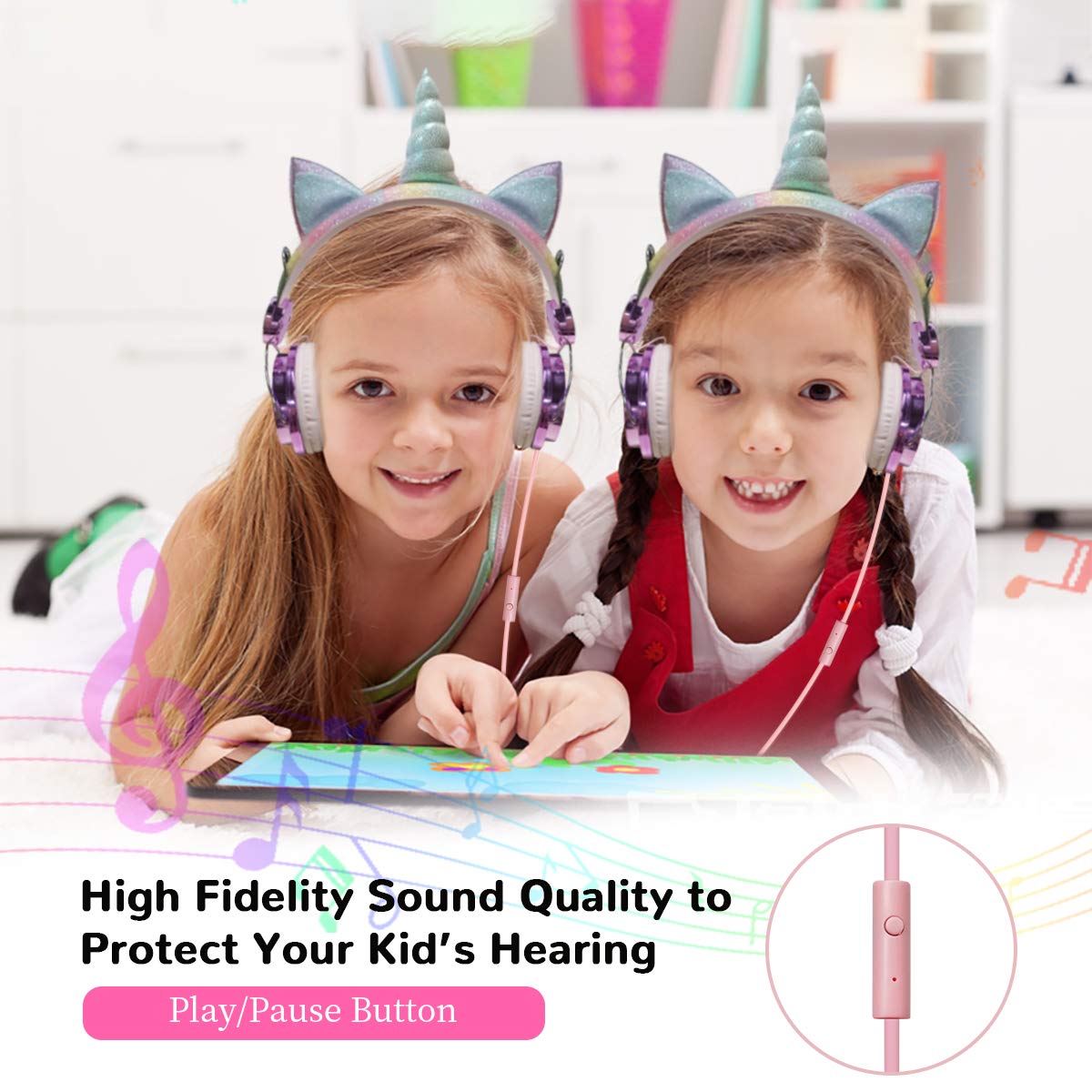 TCJJ Unicorn Kids Headphones for Girls Children Teens, Wired Headphones for Kids with Adjustable Headband, 3.5mm Jack and Over On Ear Headset w/Mic for School Birthday Xmas Unicorn Gift