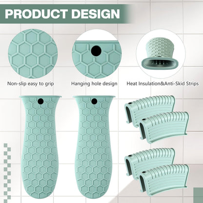 Patelai 8 Pcs Silicone Pot Holders Cast Iron Handle Cover Heat Resistant Pot Handle Covers Potholder Non Slip Reusable Pan Sleeve for Frying Pan Kitchen Supplies(Mint Green)