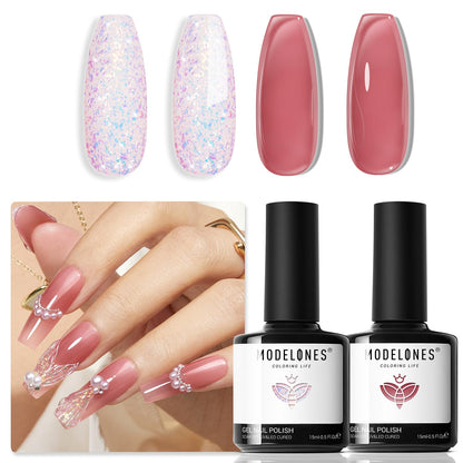modelones Gel Nail Polish Set 2 Pcs 15ml French Manicure Kit White Nude Pink Jelly Sheer Gel Polish Soak Off UV LED Classic French Tip Gel Polish Natural Nail Art DIY Gift for Women