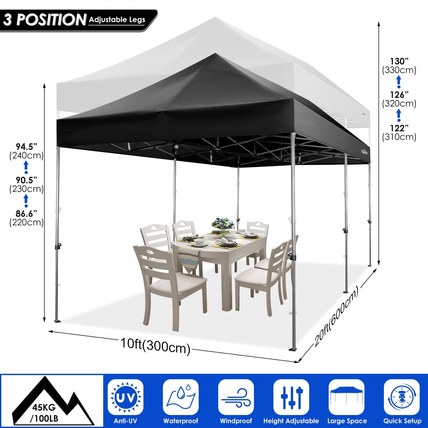 COBIZI 10x20 Heavy Duty Pop up Canopy Tent with 6 sidewalls Easy Up Commercial Outdoor Wedding Party Tents for Parties All Season Wind & Waterproof Gazebo Roller Bag, Black(Frame Thickened)