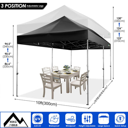 COBIZI 10x20 Heavy Duty Pop up Canopy Tent with 6 sidewalls Easy Up Commercial Outdoor Wedding Party Tents for Parties All Season Wind & Waterproof Gazebo Roller Bag, Black(Frame Thickened)