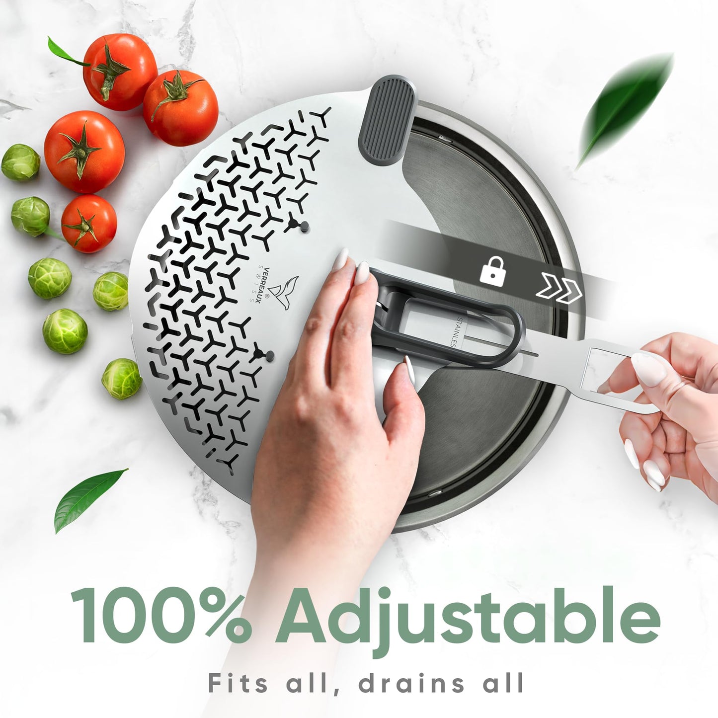 Kitchen Strainer & Pot Drainer Clip-On Stainless Steel Colander for Pots & Pans (6.5-9.5 in / 16-24 cm) | Universal Fit Pasta & Noodle Strainer | Hands-Free Swiss Design, Dishwasher-Safe