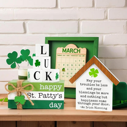 DAZONGE St. Patrick's Day Decorations, 6PCS St. Patrick's Day Tiered Tray Decor, Happy St. Patty’s Day Book Stack, Shamrock LUCK Blocks, St. Patrick's Day Signs for Home Table Shelf Decor