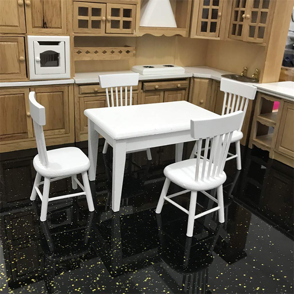 SXFSE Dollhouse Decoration Accessories, 1:12 Dollhouse Miniature Furniture Wooden White Dining Table Chair Model Set