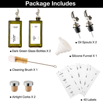 MUVEKA Olive Oil Dispenser Bottle for Kitchen, 16.9oz /500ml Cooking Vinegar Dispenser Bottle Set, Glass Sauce Container, Labels, Brush, Funnel, Stoppers, Green for Oil, Wine