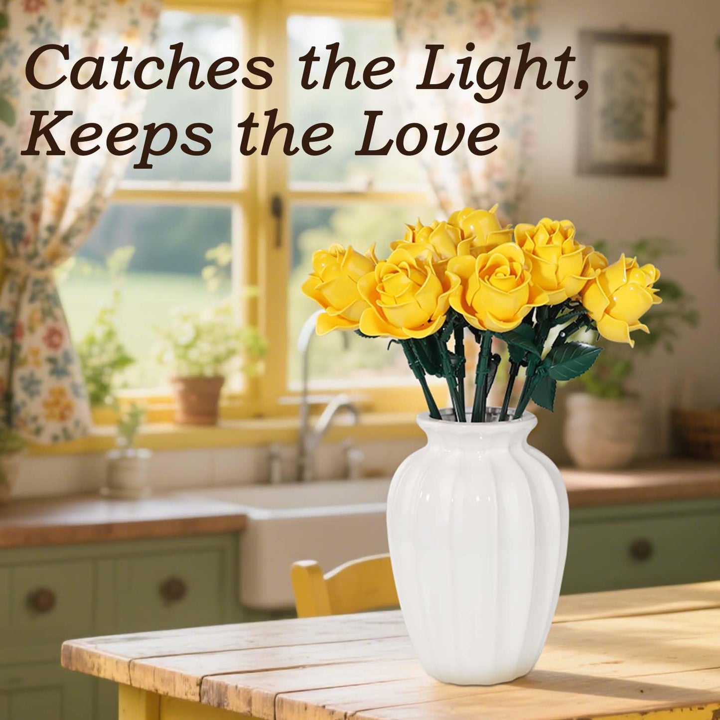 HAYXUN 12 Yellow Roses Building Block Bouquet Set, 585 Pieces Artificial Botanical Kit, Unique for Mom & Grandma, Everlasting Floral Home Decor
