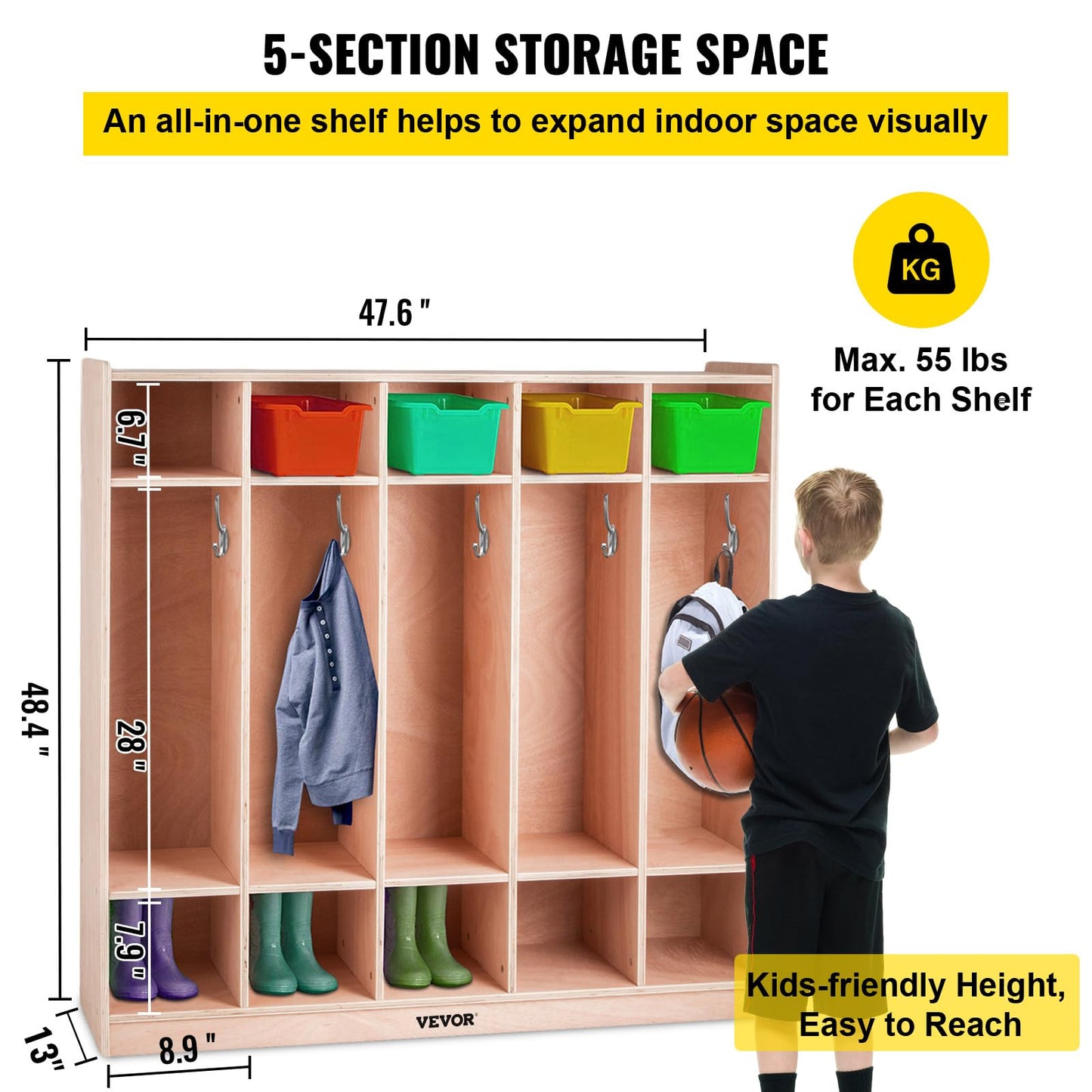 VEVOR Wooden Storage Cabinet, 5-Section Storage Locker with 10 Cubbies Shelf, Multi-Compartment Cubby Shelf with 5 Hooks for School, Classroom, Daycare, Home and Preschool