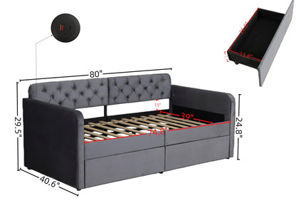 KEIKI Twin Upholstered Daybed with 2 Storage Drawers & USB Charging, Plush Velvet Button-Tufted Headboard, Sofa Bed for Living Room or Bedroom, No Box Spring Needed, Gray