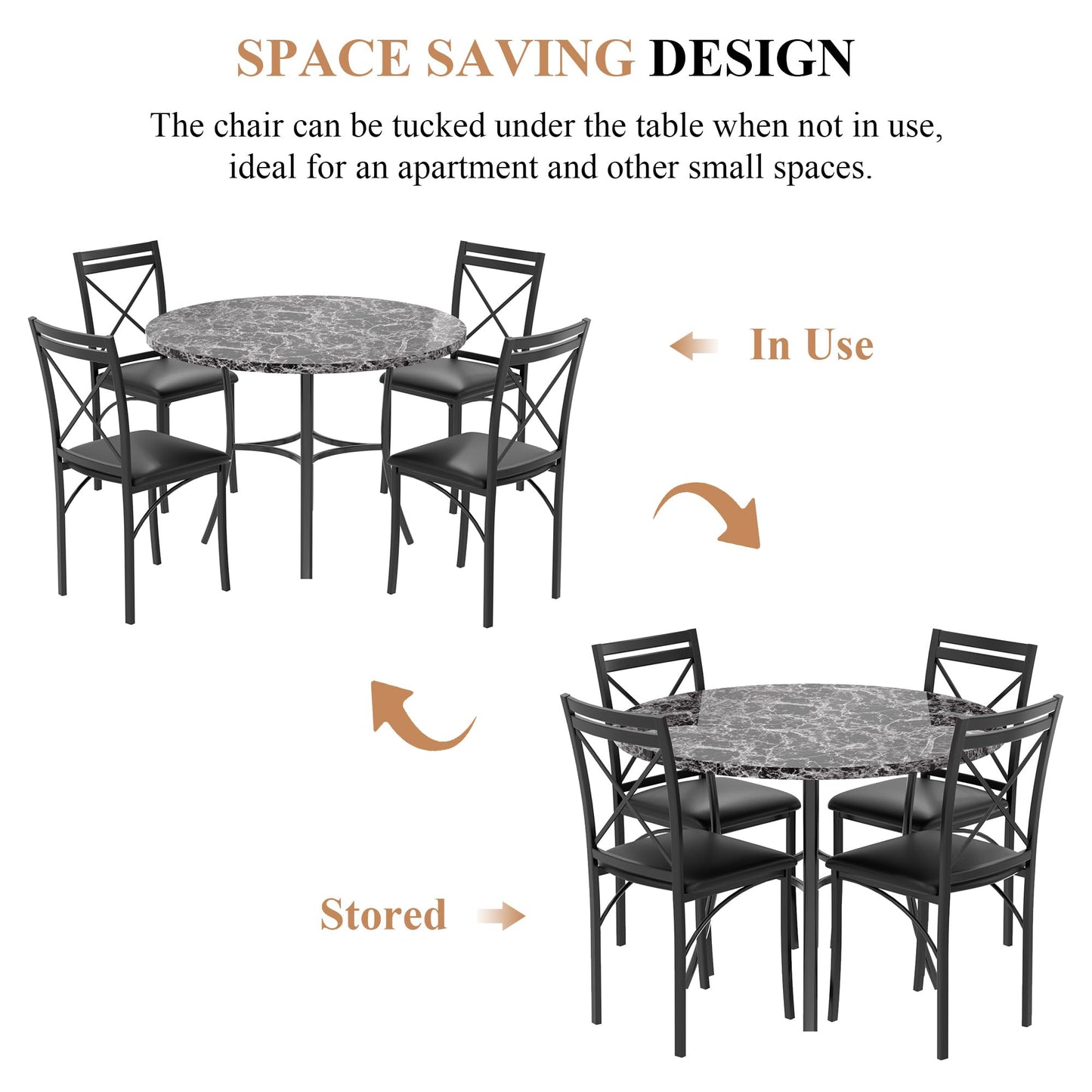 VECELO 5 Piece Dining Table Set for 4, Faux Marble Dinette with Chairs for Kitchen, Breakfast Nook, Small Space, Pure Black
