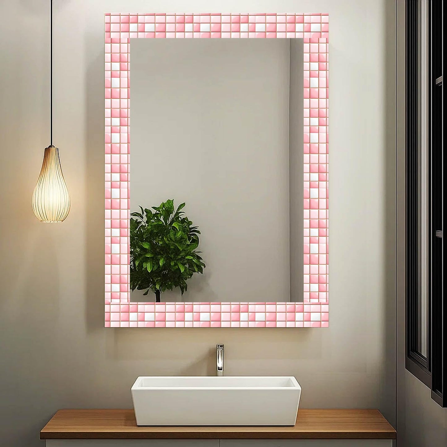 IVN Wallpaper Border Peel and Stick Decorative Wall Trim Self Adhesive Pink White Glossy Mosaic Pattern Accent Strip for Bathroom Laundry Room Pool Area Mirror Frame Shelf Wall Edge 4x196 Inch