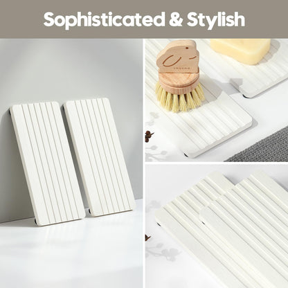 Razborci 2PCS Diatomite Quick Stone Drying Tray Mat for Bathroom & Kitchen Counter, Instant Dry Water Absorbent Drink Bar Coasters,Vanity Sink Caddy Organizer,Dish Soap Sponge Holder, Ivory,8"x3.8"