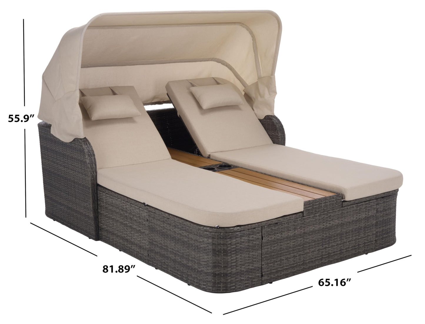 SAFAVIEH Outdoor - Victoria Grey Brown & Taupe Double Daybed, Rattan Canopy Lounger with Reversible Cushions, Cup Holders, Patio Furniture for Deck, Backyard, Poolside (PAT7759A)