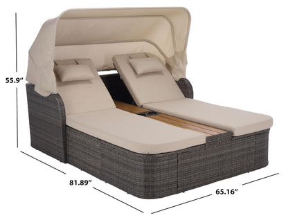 SAFAVIEH Outdoor - Victoria Grey Brown & Taupe Double Daybed, Rattan Canopy Lounger with Reversible Cushions, Cup Holders, Patio Furniture for Deck, Backyard, Poolside (PAT7759A)