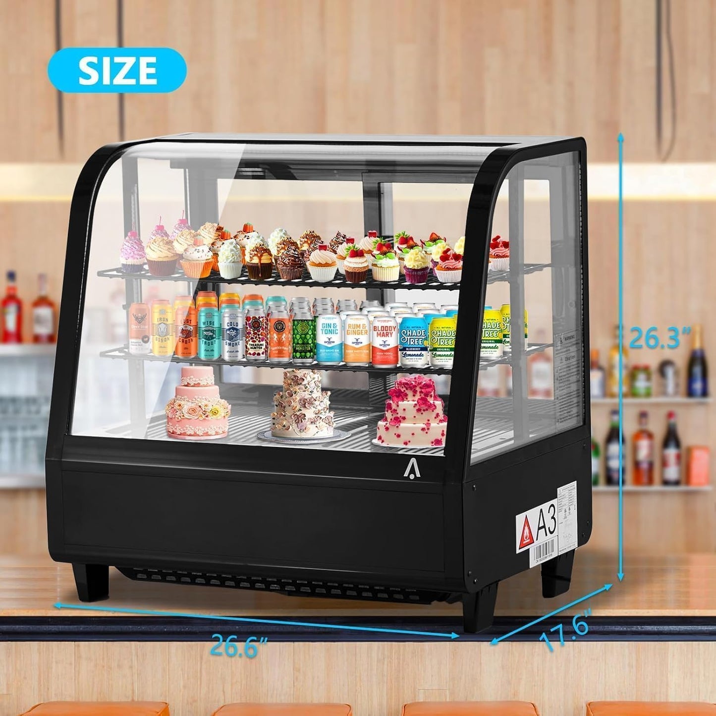 Commercial Display Refrigerator, 3.5 Cu.Ft Refrigerated Display Case with Adjustable Shelves and LED Lighting, Countertop Display Fridge with Rear Sliding Glass Door for Cafe, Restaurant, Bakery