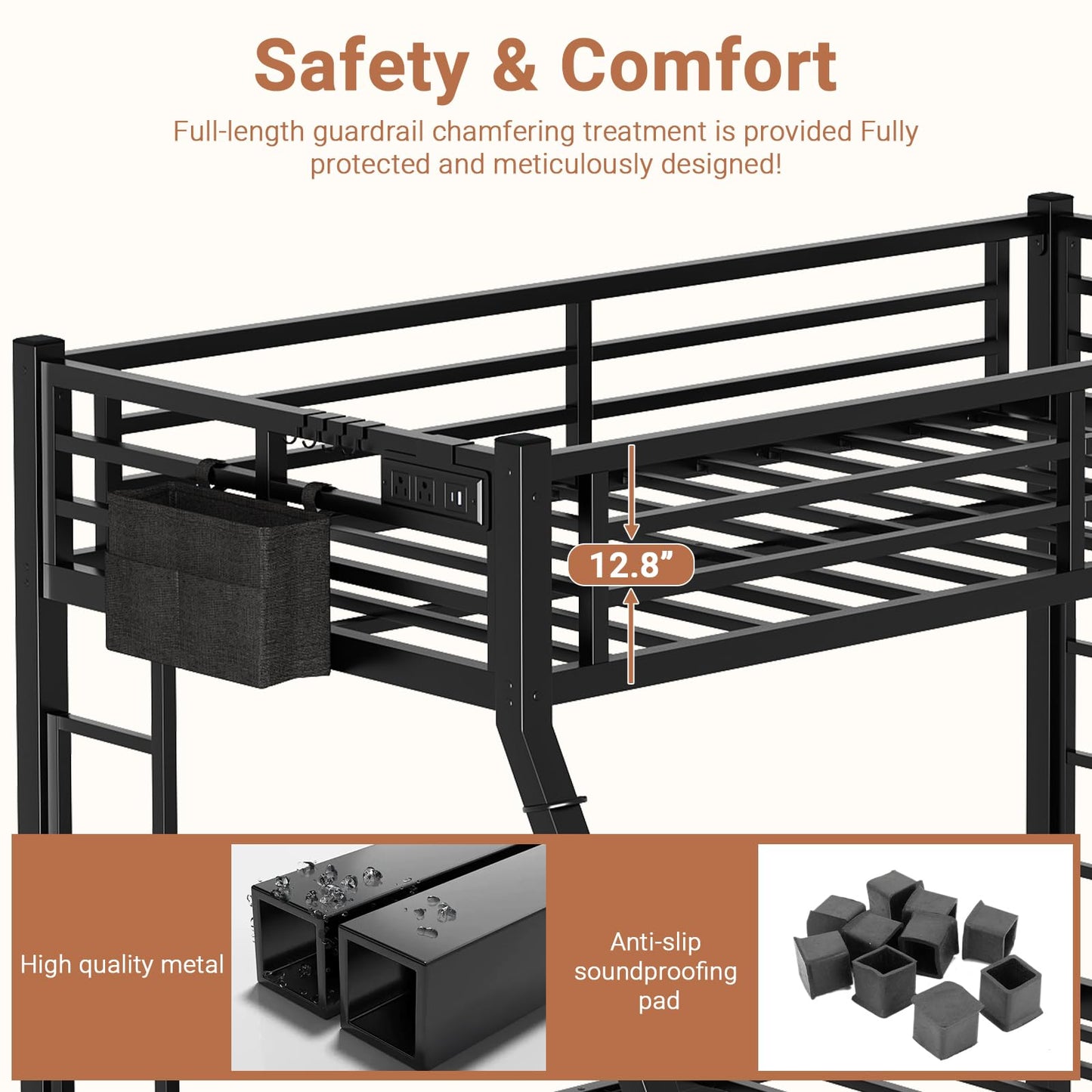 XUWANSHANG Twin XL Over Queen Bunk Bed Frame, Heavy Duty Metal Loft Bed for Adults/Teens, 350/600LB Capacity w/Ladder & Guardrail, Noise-Free Steel Slats, No Box Spring Required, Black