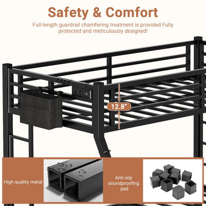XUWANSHANG Twin XL Over Queen Bunk Bed Frame, Heavy Duty Metal Loft Bed for Adults/Teens, 350/600LB Capacity w/Ladder & Guardrail, Noise-Free Steel Slats, No Box Spring Required, Black