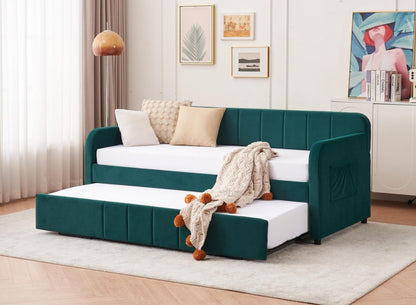 KEIKI Twin Velvet Corner Daybed with Liftable Trundle, USB Charging, Pockets, Converts to King Size, Upholstered Headboard Captain Sofa Day Bed Frames for Small Room, Bedroom, Kids' Room, Emerald