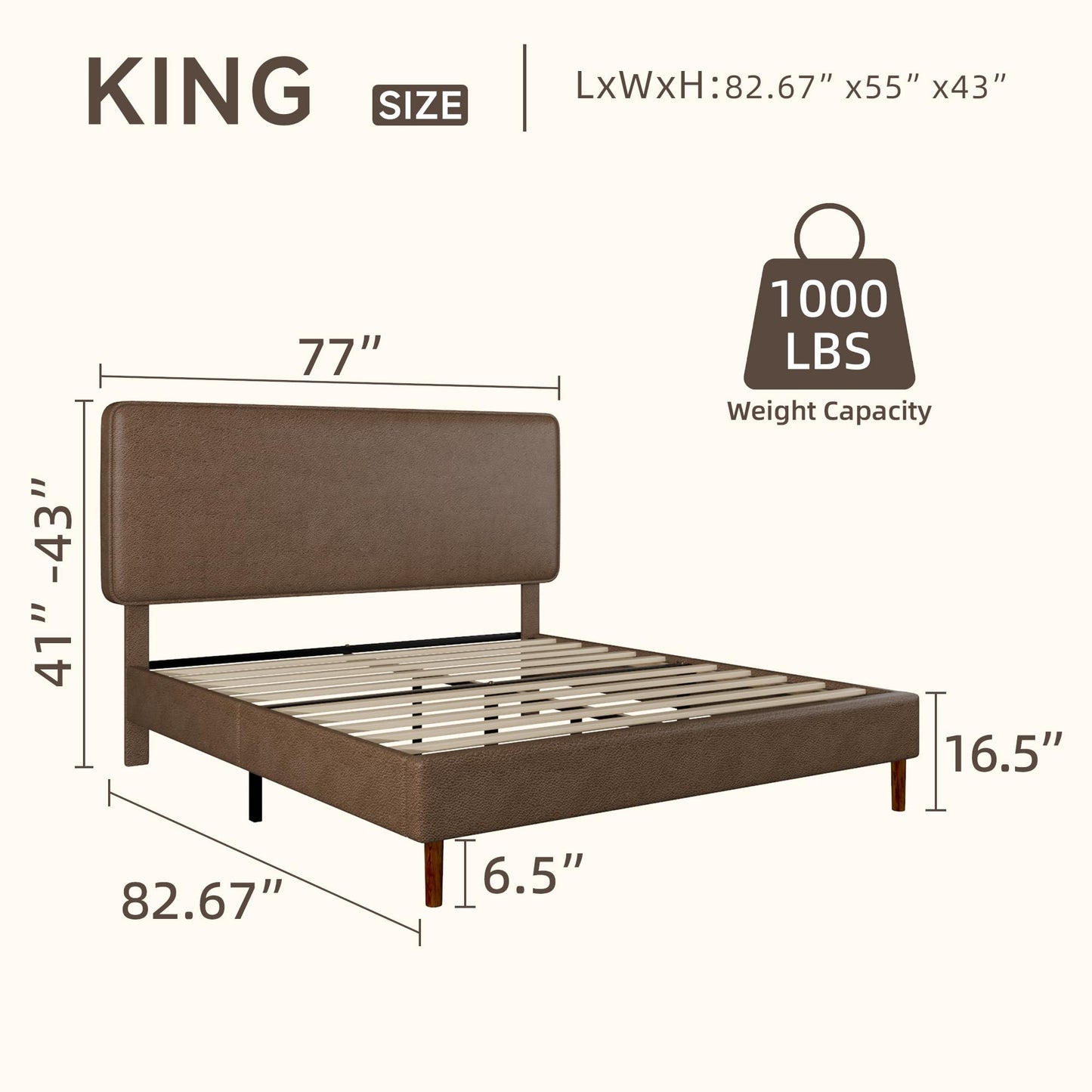 Lcwtvgxr King Size Leather Platform Bed Frame with Adjustable Upholstered Headboard, Solid Wooden Legs, No Box Spring Needed, Easy Assembly, Noise Free, Brown