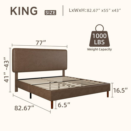 Lcwtvgxr King Size Leather Platform Bed Frame with Adjustable Upholstered Headboard, Solid Wooden Legs, No Box Spring Needed, Easy Assembly, Noise Free, Brown
