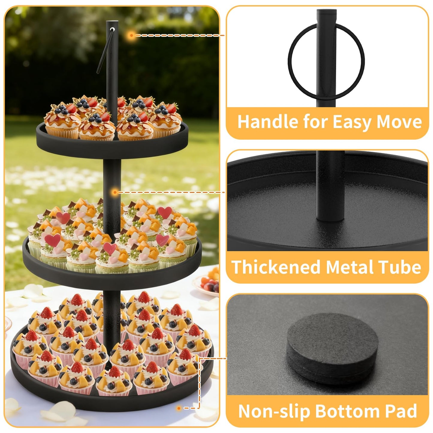OugeWood Cupcake Stand for 50 Cupcakes,Cupcake Stand 2 PACK Metal 3 Tier Cupcake Tower Black Tiered Tray Stand Cupcake Holder Stand Cake Stand Serving Trays Dessert Stands with Handle for Party