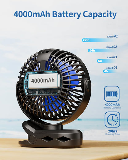 SWEETFULL Portable Clip on Fan, Battery Operated Stroller Fan, 4000mAh Rechargeable Mini Cooling Desk Fan (Black)