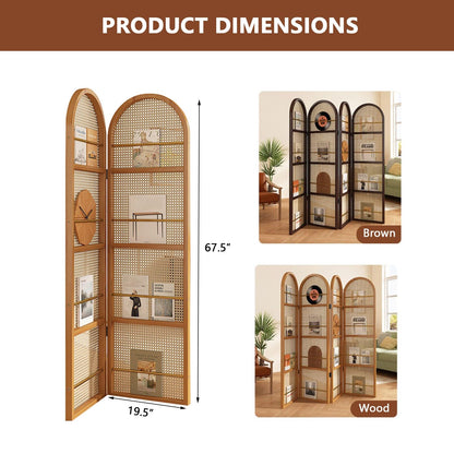 Rattan Room Divider Portable Partition with Built-in Bookshelf, 67" Foldable Privacy Screen for Room Separation, Home Office, Bedroom, 2 Panel Design