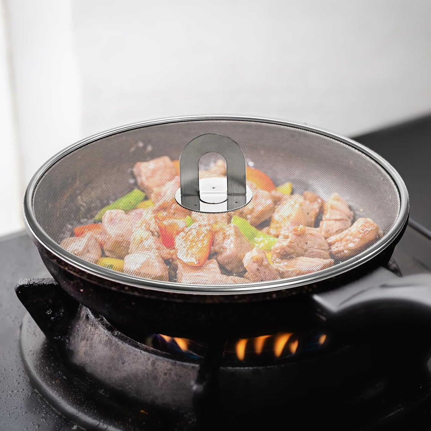 PLACHIDAY Splatter Screen for Cooking - Stainless Steel Grease Splatter Guard for Frying Pan with Foldable Knob, As a Strainer Set of 3(10", 11.5", 13"), Dishwasher Safe