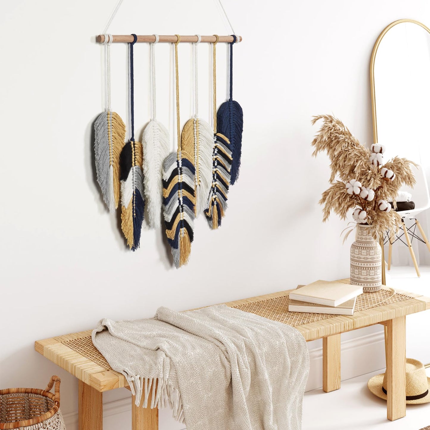 Betylifoy Macrame Leaf Wall Hanging, Boho Wall Decor, Handmade Woven Leaf Feather Boho Tapestry Bohemian Chic Wall Art Decor for Bedroom Living Room Nursery Apartment Backdrop