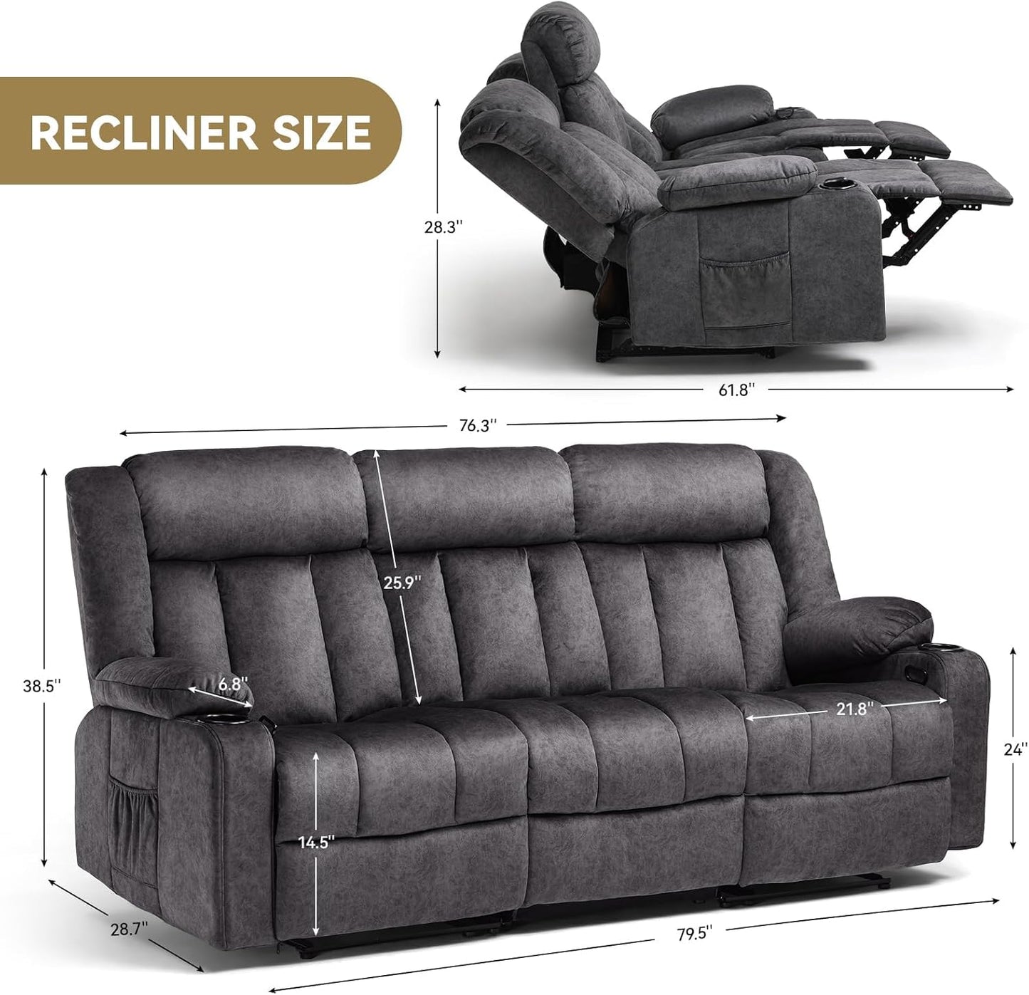 COMHOMA Living Room Furniture Sets Manual Reclining Sofa,3 Seat Recliner Sofa Chair,Couch Furniture for Living Room,Furniture,Meeting Room,Dark Gray(3-Seater Sofa*2)