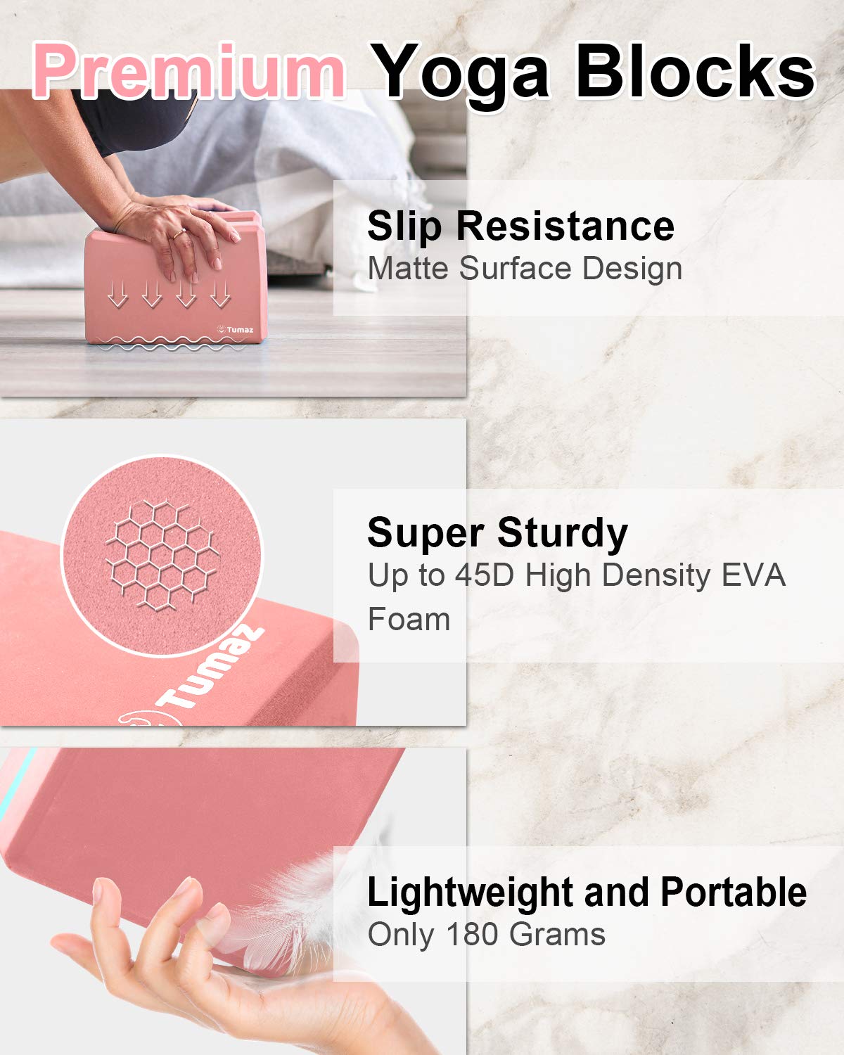 Tumaz Non-Slip Yoga Blocks 2-Pack - High Density/Lightweight EVA Foam & Natural Cork for Stability, Premium Set with E-Book Included