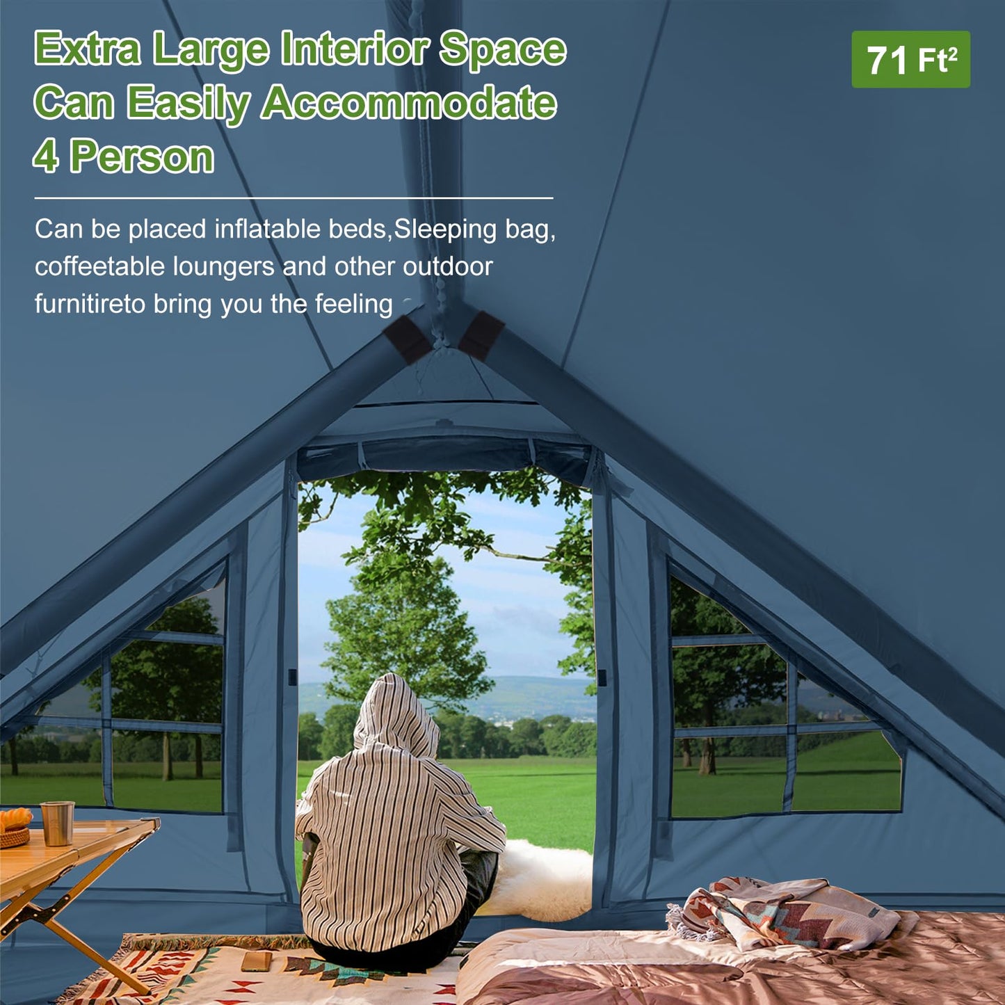 Inflatable Camping Tent with Pump, 4 Person Glamping Tents Sun Shelter, Easy Setup Waterproof Outdoor Oxford Tents, Self-Supporting Structure Inflatable House Tent