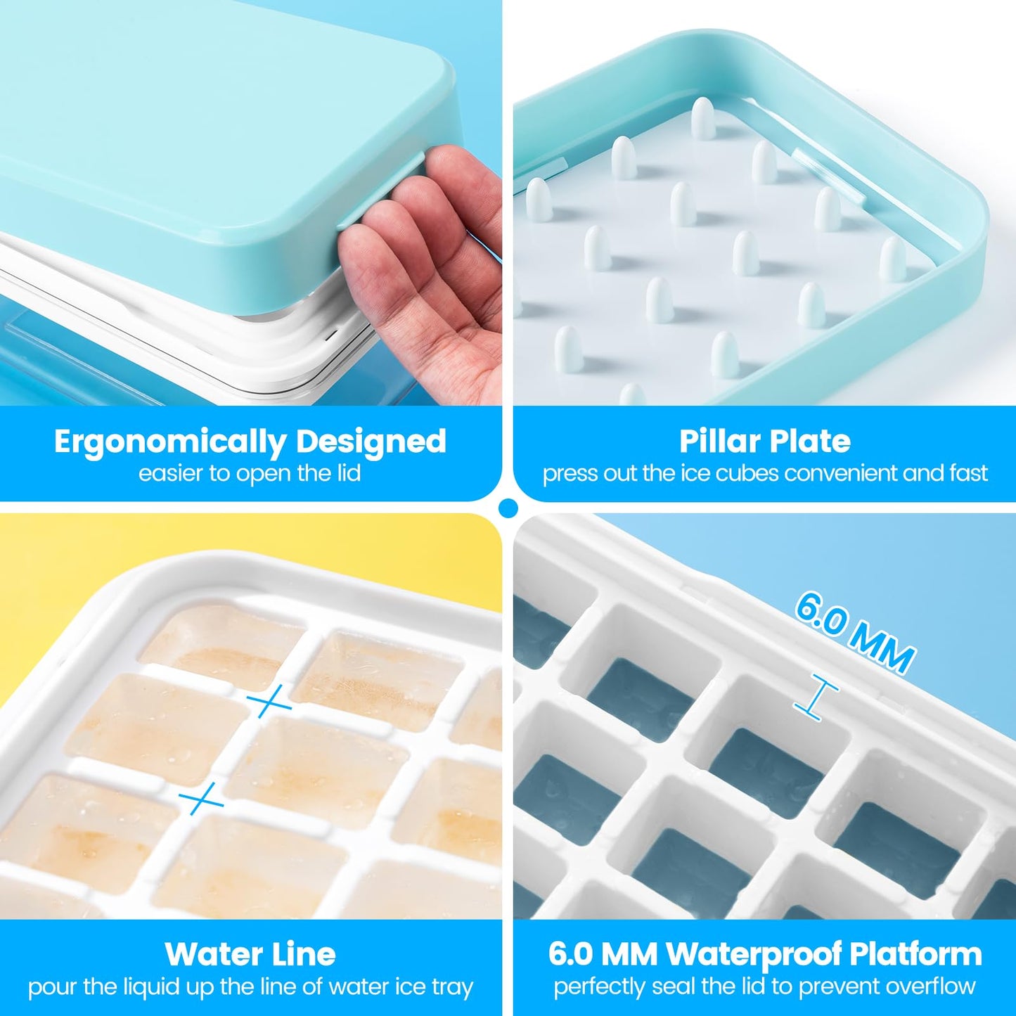 Ice Cube Tray with Lid and Bin, PHINOX 56 pcs Ice Trays for Freezer, Ice Cube Trays for Freezer with 2 trays, Container, Lid & Ice Scoop, BPA Free