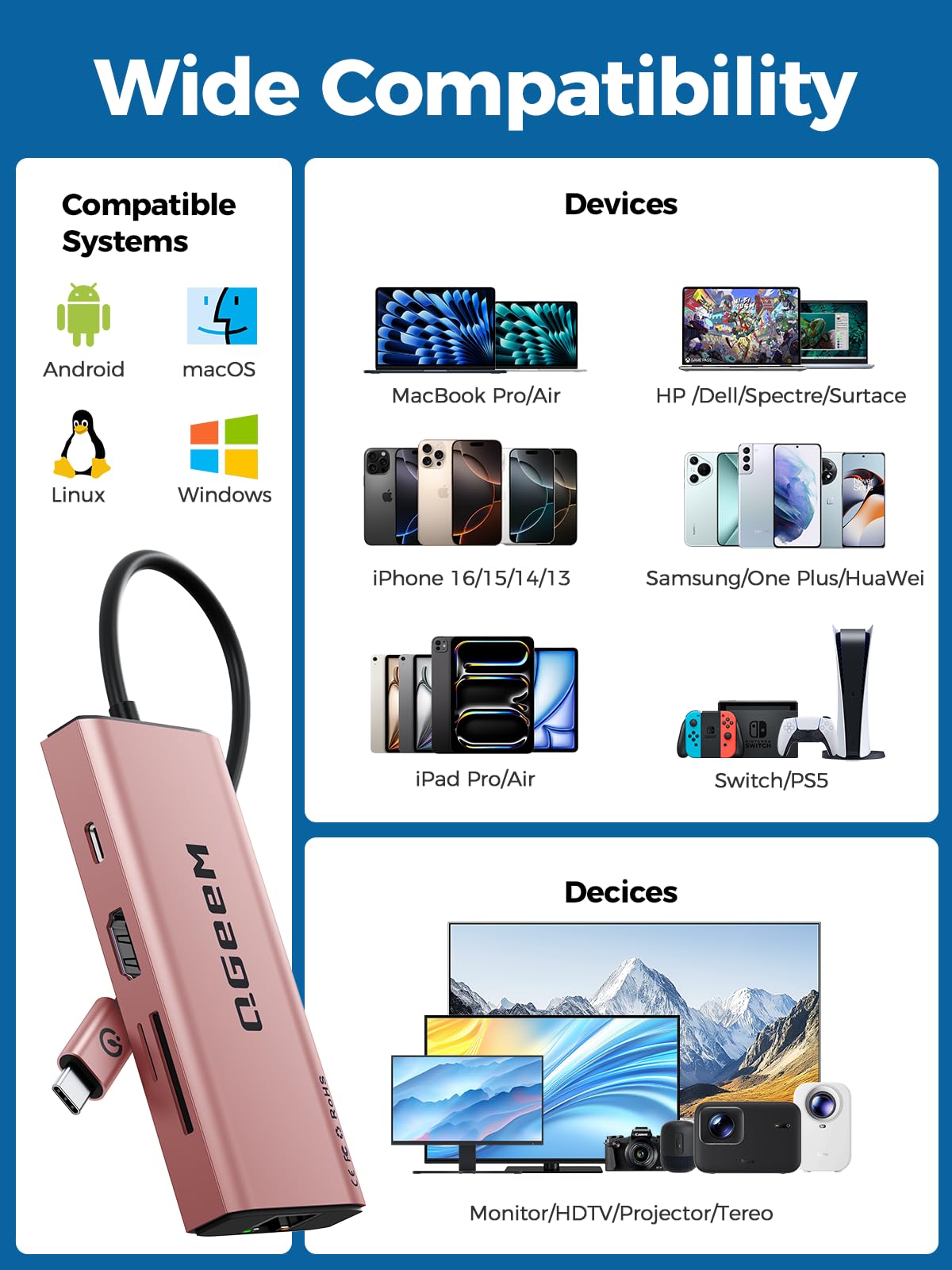 QGeeM USB C Hub Ethernet,9 in 1 USB Type C Hub HDMI Multi-Port Converter Adapter,100W Pd, USB 3.0,SD/TF Card Reader,Compatible for MacBook Pro Air Ipad HP Dell Lenovo Chromebook etc.