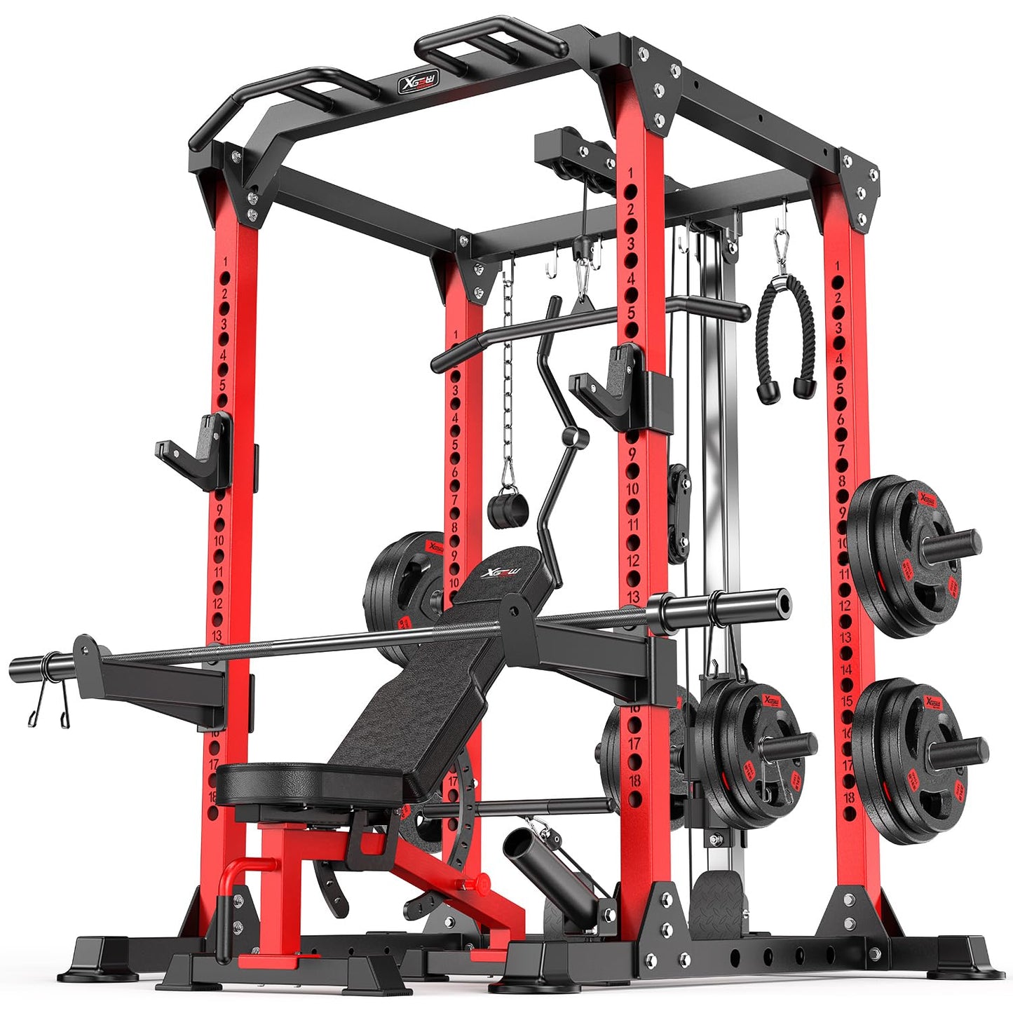 Power Rack Power Cage Multi-Function Squat Rack with Cable Crossover System Selectable More Training Attachment Power Rack for Garage & Home Gym (Red, C Set L01+Weight Bench+（Pole+Cast Iron） 248LBS)