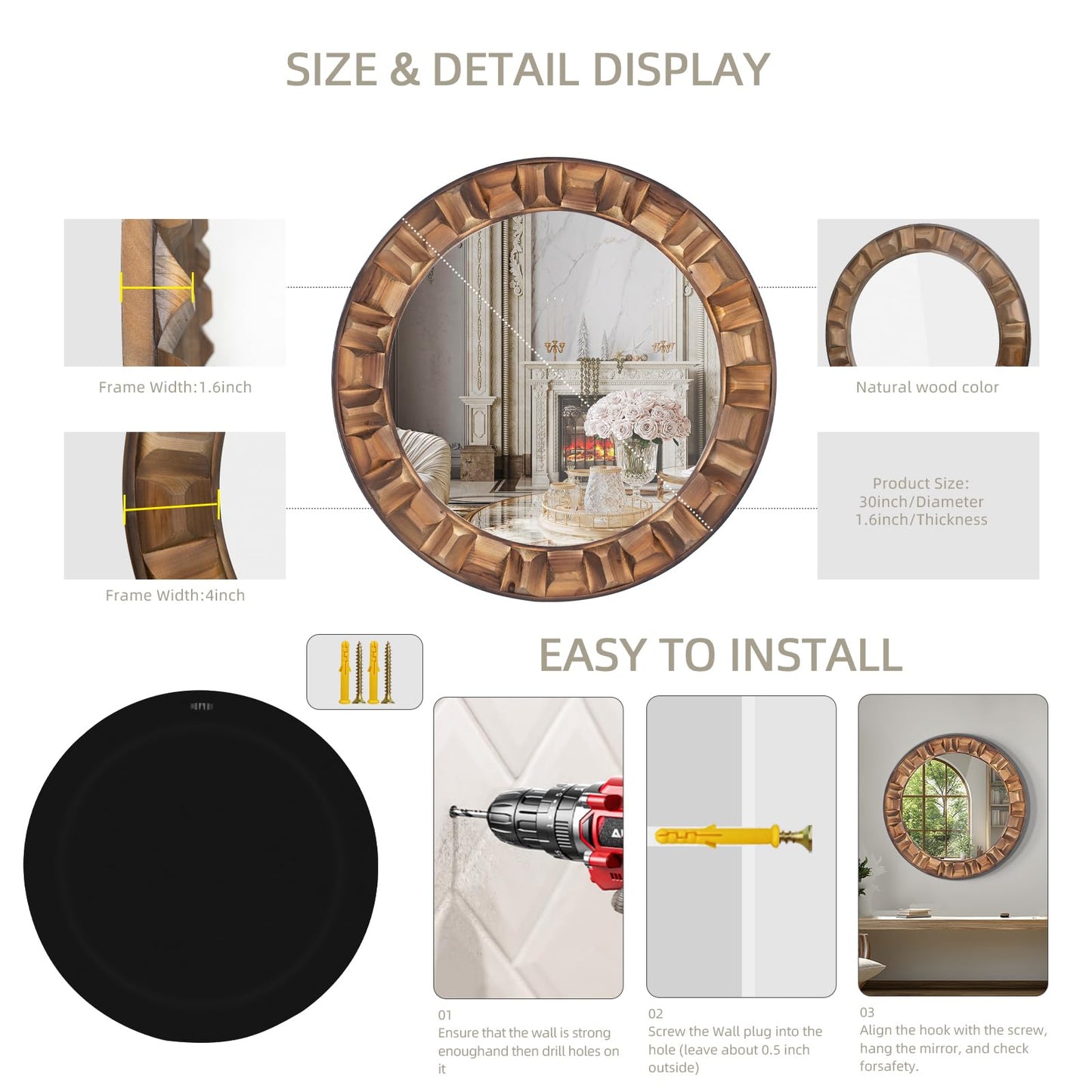 XGGJWW 30 Inch Dark Solid Wood Round Wall Mirror, Brown Wooden Decorative Circle Mirror for Bathroom, Bedroom, Living Room, Entryway, Hallway, or Foyer