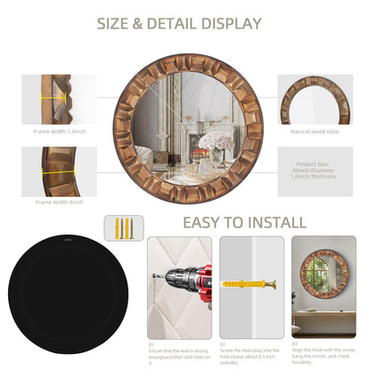 XGGJWW 30 Inch Dark Solid Wood Round Wall Mirror, Brown Wooden Decorative Circle Mirror for Bathroom, Bedroom, Living Room, Entryway, Hallway, or Foyer