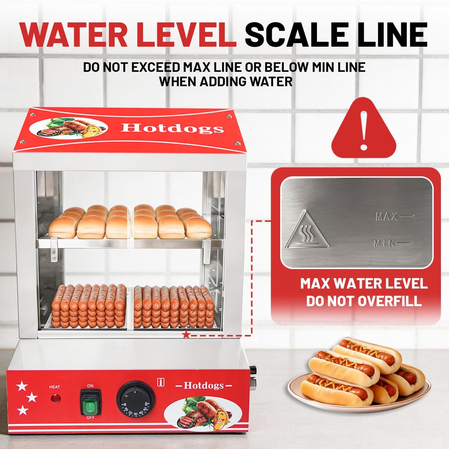 Sovtekr 29 QT Hot Dog Steamer with Bun Warmer - Electric Steaming Machine 2-Tier Capacity for 175 Hot Dogs & 40 Buns, Visible Glass Slide Doors for Commercial Home Use