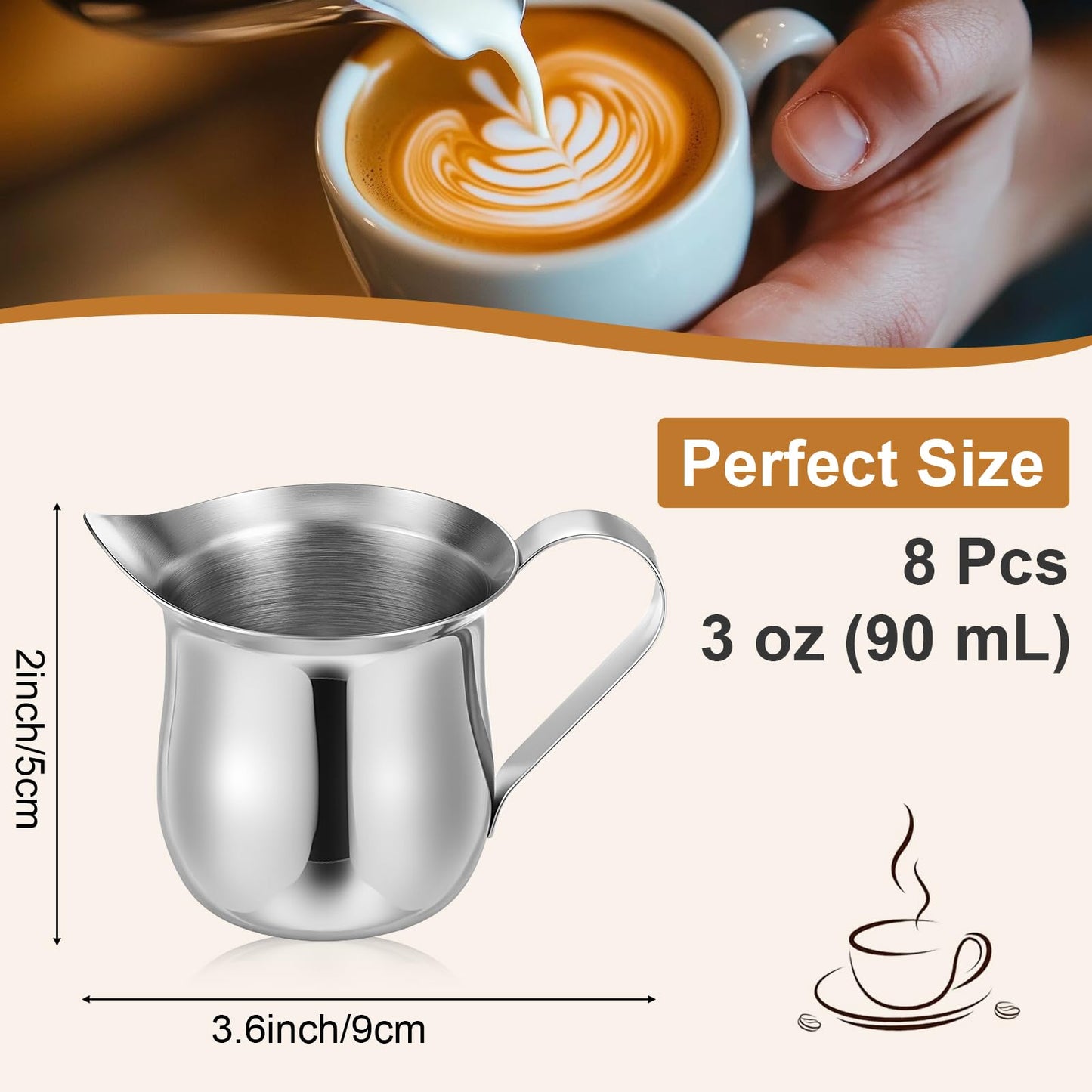 8 Pcs 3 oz (90ml) Mini Milk Creamer Frothing Pitcher Dispenser Container with Handle, Small Stainless Steel Bell-Shaped Creamer for Coffee Barista, Cappuccino, Latte, Restaurant, Bakery, Kitchen Use
