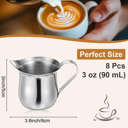 8 Pcs 3 oz (90ml) Mini Milk Creamer Frothing Pitcher Dispenser Container with Handle, Small Stainless Steel Bell-Shaped Creamer for Coffee Barista, Cappuccino, Latte, Restaurant, Bakery, Kitchen Use