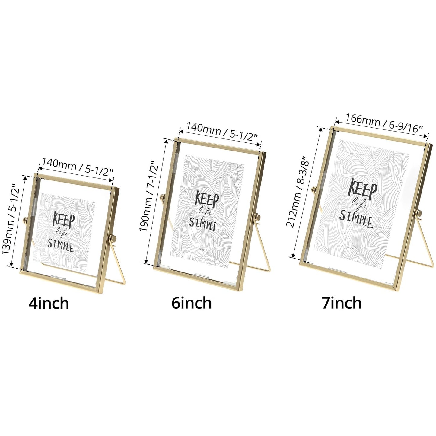 QWORK Gold Floating Picture Fram, Set of 3 Glass Double Panel Metal Frame, Includes 5x7, 4x6, 4x4, Tabletop Display for Postcards Photos Artworks