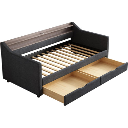 FAVSH Upholstered Daybed with Two Drawers and 2-Tier Storage Shelf, Twin Size Day Bed with USB & LED Light for Bedroom Apartment, Dark Grey