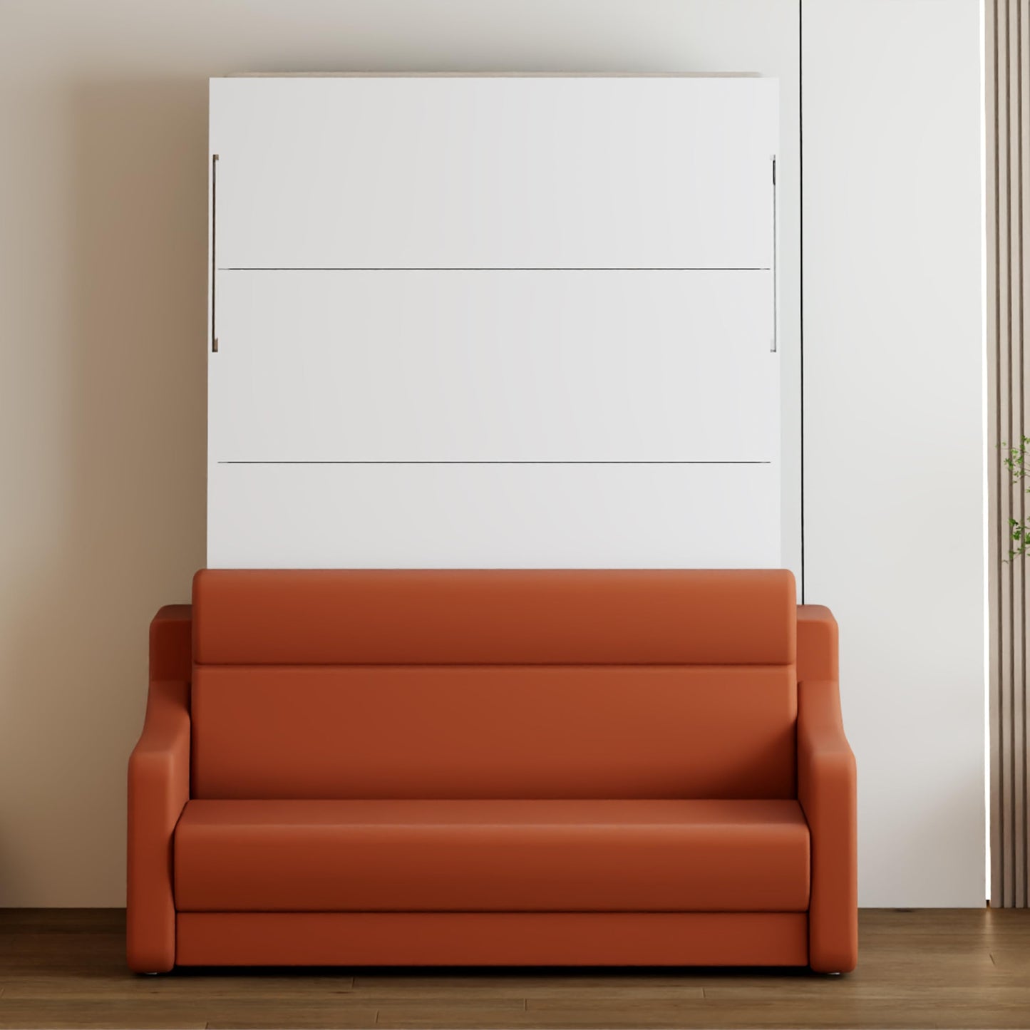 FAVSH Full Size Murphy Bed Cabinet with Loveseat Sofa, White Hidden Beds,Wall Bedframe w/Orange Couch for Bedroom,Space-Saving, Noise Free